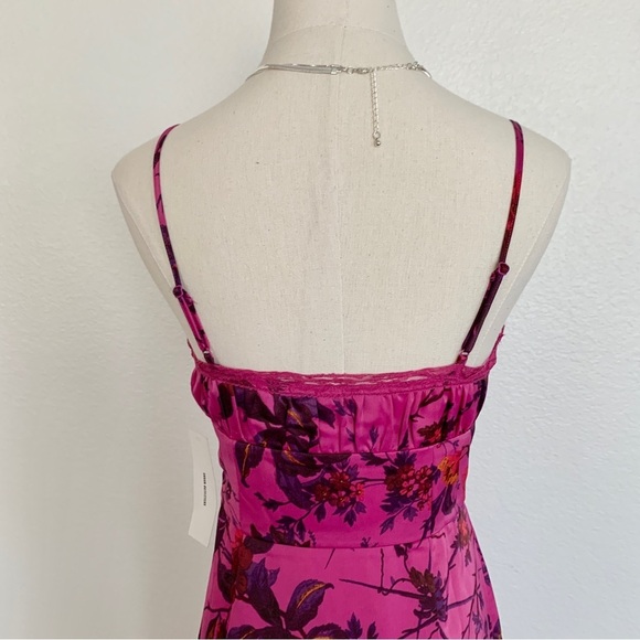 UO Purple Magenta Floral Tropical Print Satin Midi Side Slit Slip Dress - Picture 9 of 16